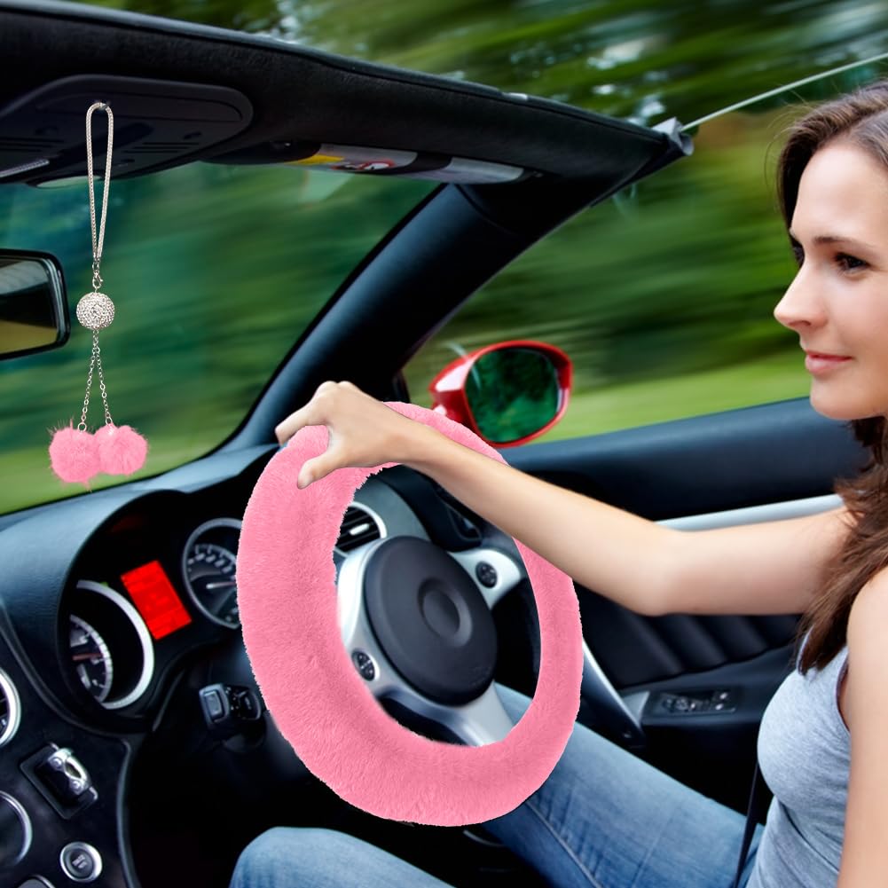 Set de 6 accesorios para coche Garvee de peluche rosa con funda de volante, posavasos y colgante