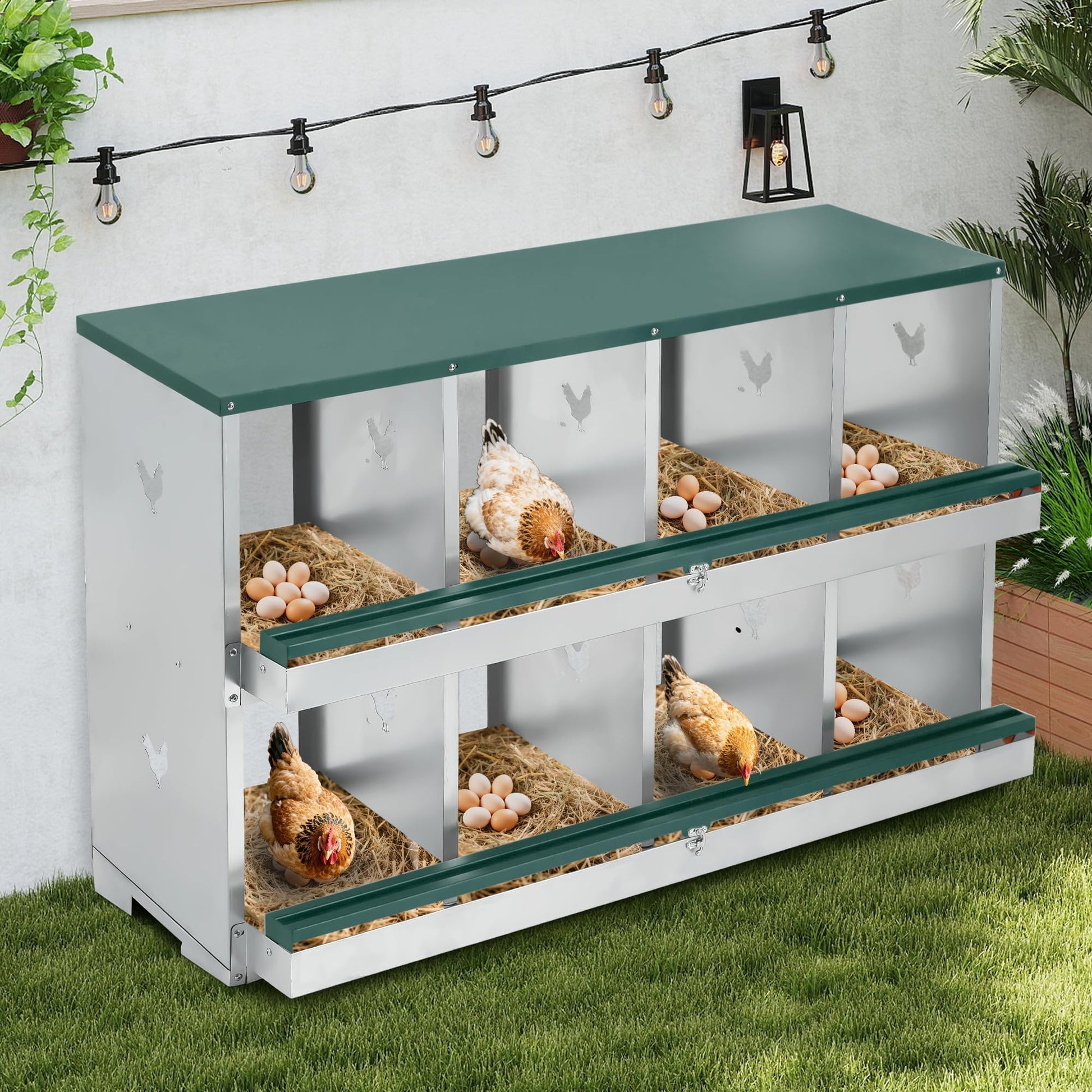 Nidal para gallinas Garvee de 10 compartimentos en acero galvanizado verde con sistema de rodamiento